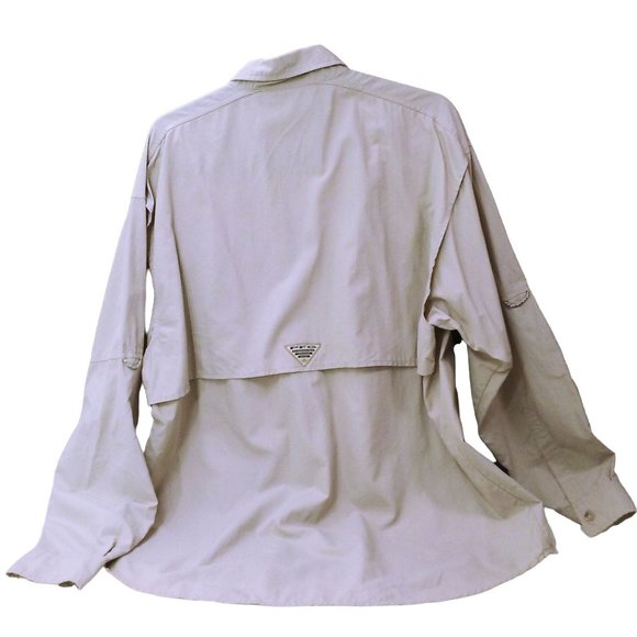 Vintage 90s Columbia PFG Shirt OmniShade Mens-M Pockets LSL Nylon Beige - Picture 7 of 10